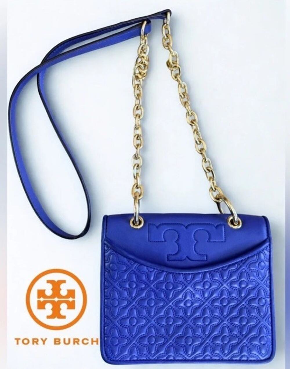 Tory Burch Fleming Small Floral Quilted Leather Shoulder Bag Royal Blue